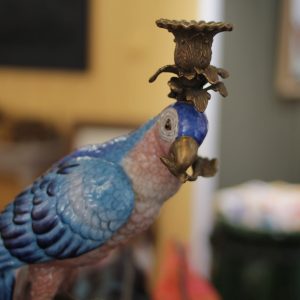 A Pair of Decorative Bronze & Ceramic Parrot Candlesticks - Green