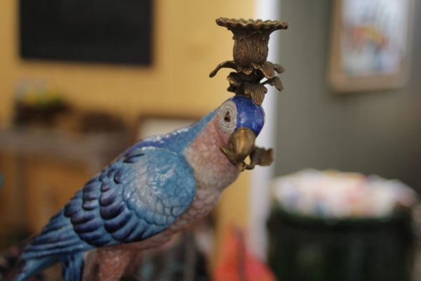 A Pair of Decorative Bronze & Ceramic Parrot Candlesticks - Green