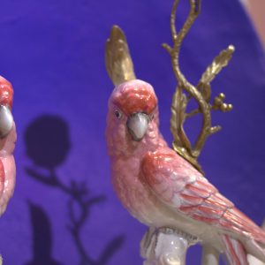 A Pair of Bronze & Ceramic Cockatoo +Candlesticks - Pink