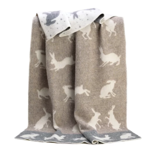 Snow Beige and Grey Wool Blanket with Hare Design