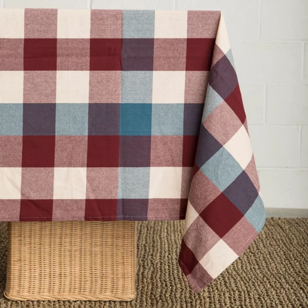Check Woven Cotton Tablecloth Multicolor Blue Aubergine