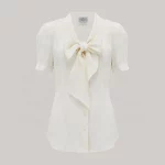 Eva Pussy Bow Blouse Short Sleeve in Cream