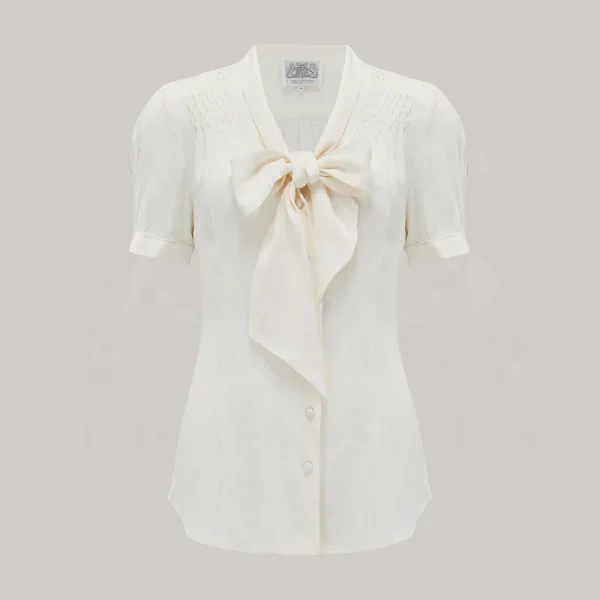 Eva Pussy Bow Blouse Short Sleeve in Cream