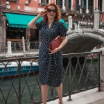Mabel Waterfall Dress in Navy Polka
